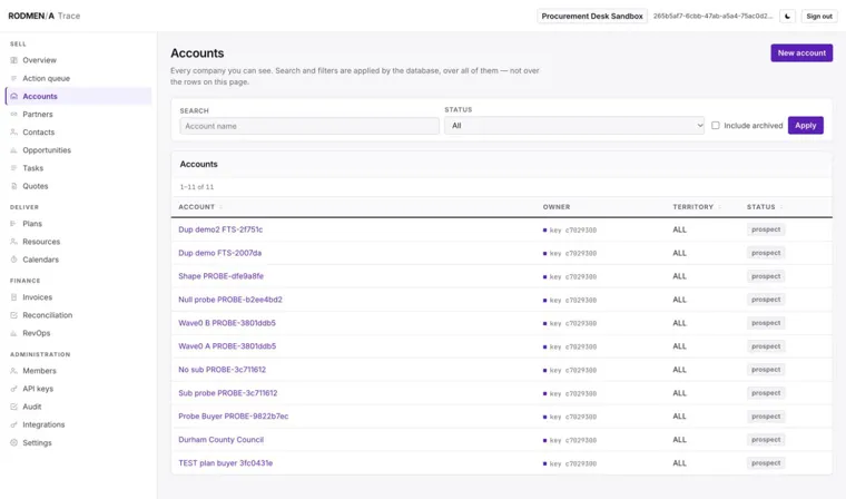 The Trace accounts list with search, a status filter and an archived toggle, showing each account's owner, territory and status.