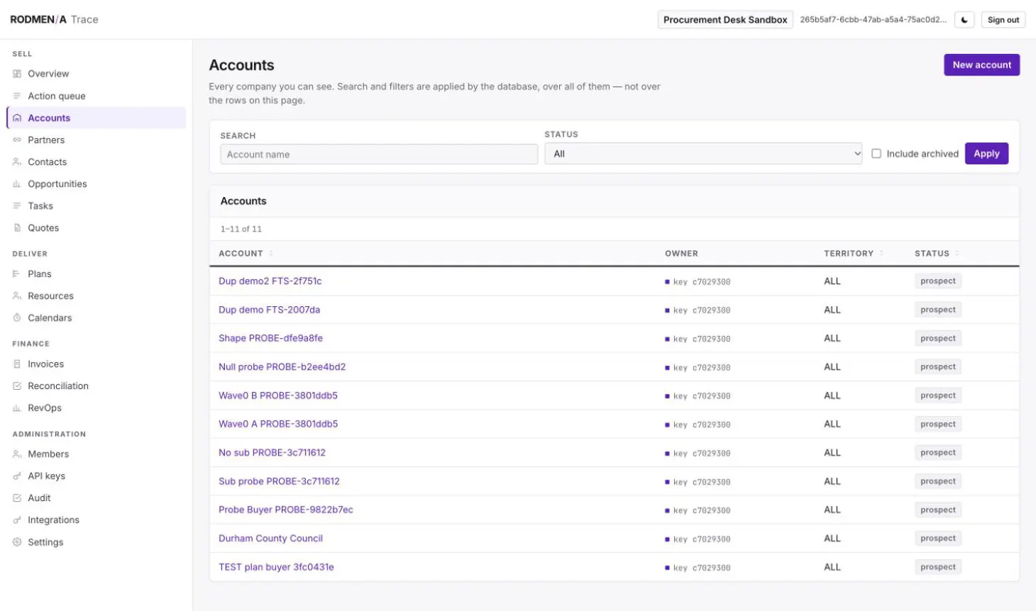 The Trace accounts list with search, a status filter and an archived toggle, showing each account's owner, territory and status.