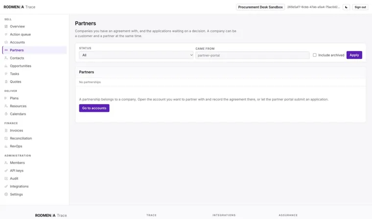 The Trace partners page with status and source filters and the empty state explaining that a partnership belongs to an account.