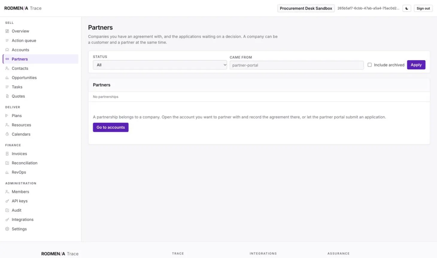 The Trace partners page with status and source filters and the empty state explaining that a partnership belongs to an account.