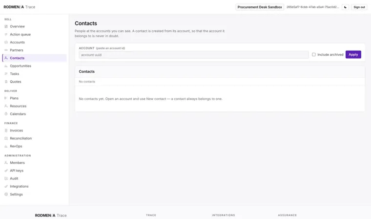 The Trace contacts list filtered by account, with the empty state explaining that a contact is created from its account.
