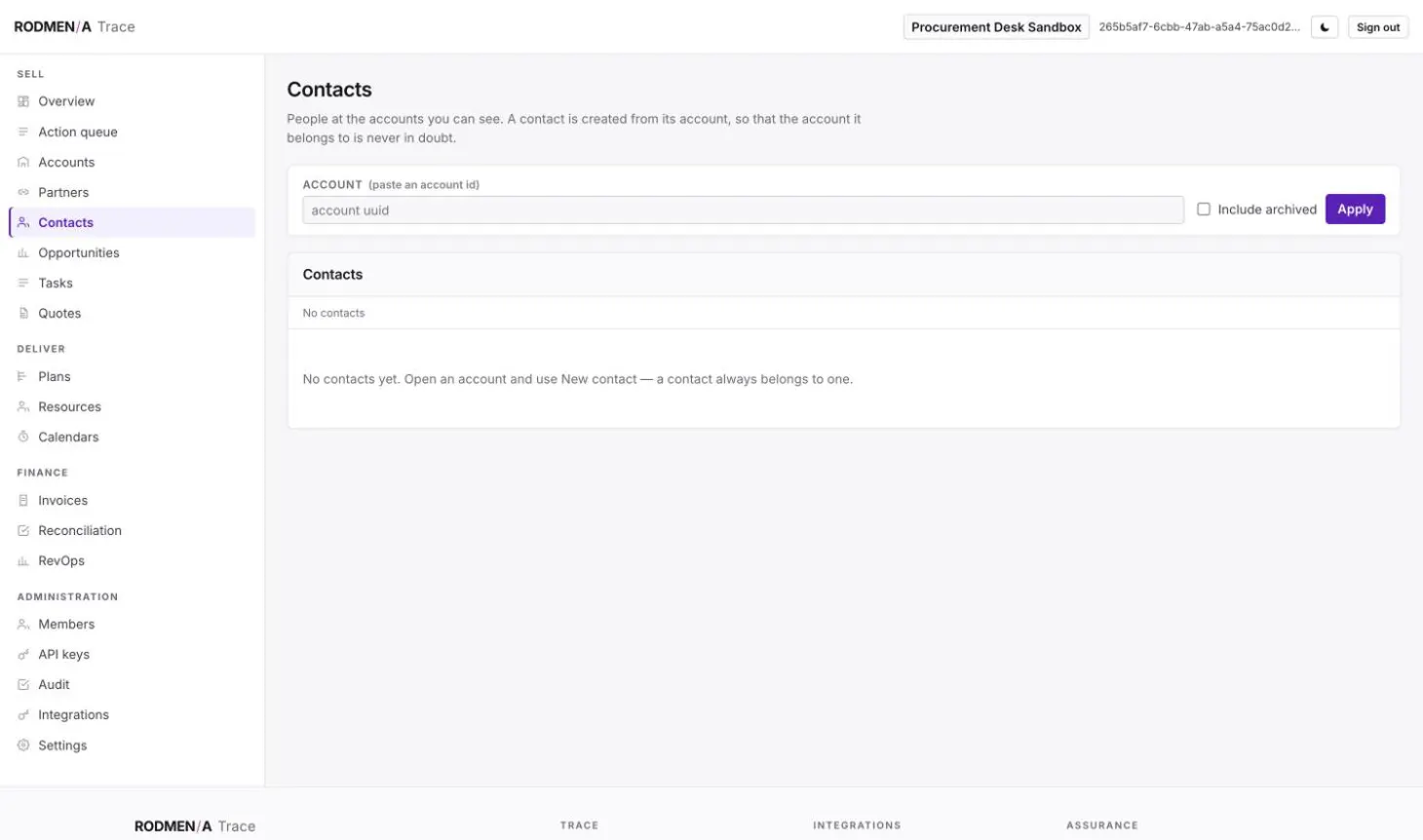 The Trace contacts list filtered by account, with the empty state explaining that a contact is created from its account.