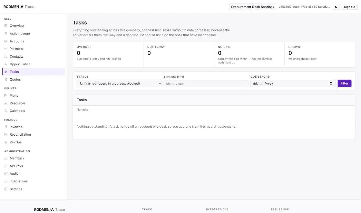 The Trace tasks page with counts for overdue, due today and undated tasks, and filters by status, assignee and due date.