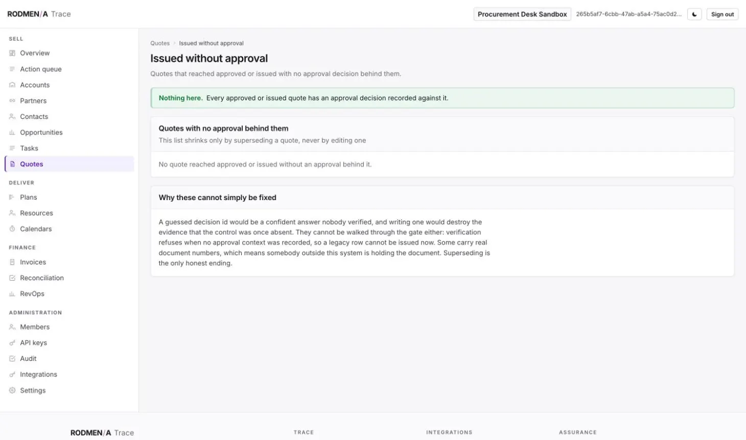 A Trace control page listing quotes that reached approved or issued with no approval decision behind them, here empty.