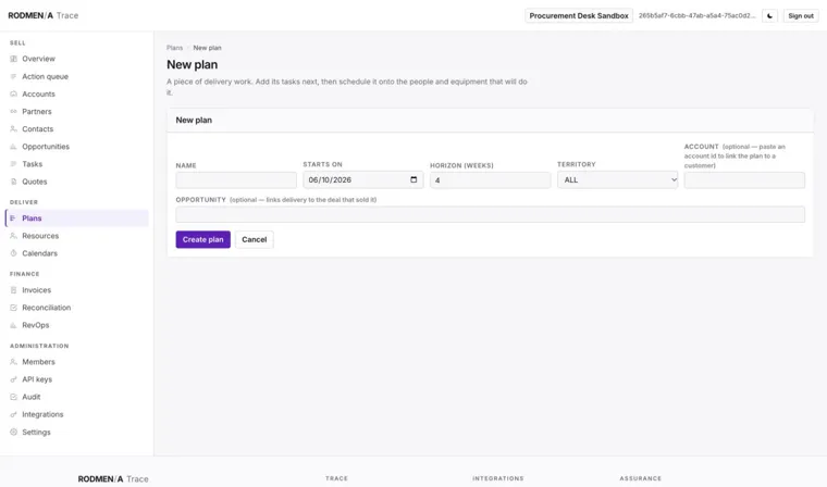 The Trace new plan form with name, start date, horizon in weeks, territory and optional account and opportunity links.