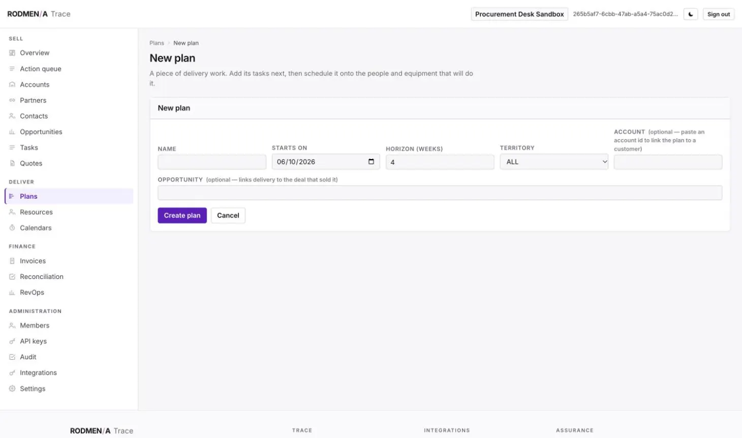 The Trace new plan form with name, start date, horizon in weeks, territory and optional account and opportunity links.