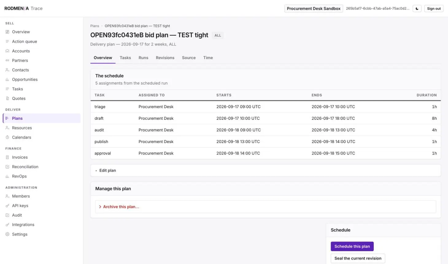A Trace delivery plan's overview showing the scheduled assignments with resource, start, end and duration for each task.