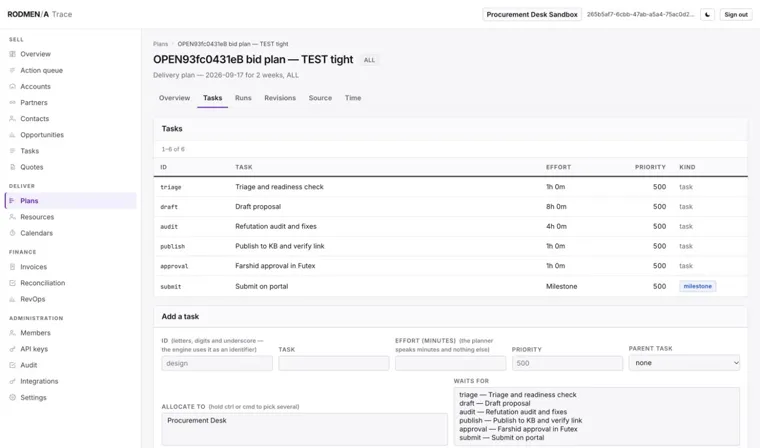 The tasks of a Trace delivery plan with effort, priority and kind, and the form to add a task with dependencies and allocation.