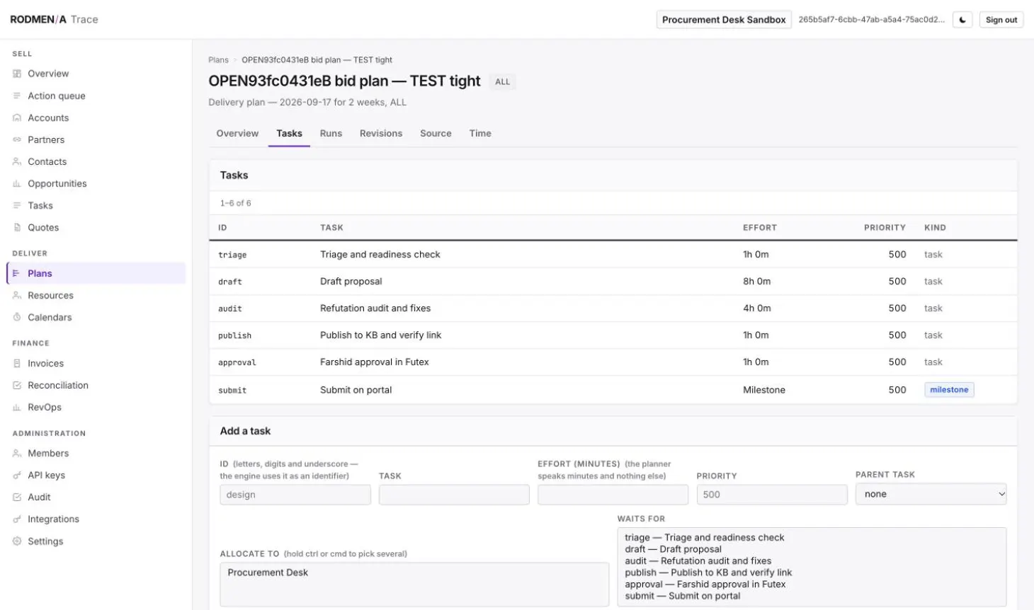 The tasks of a Trace delivery plan with effort, priority and kind, and the form to add a task with dependencies and allocation.