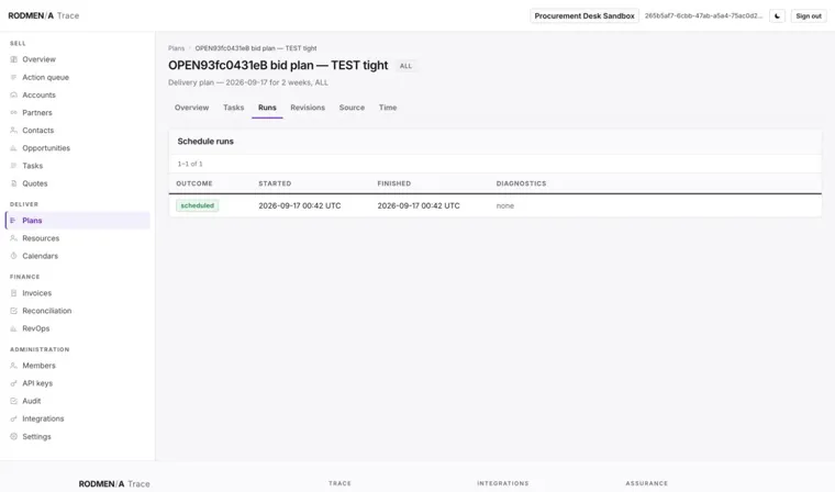 The schedule runs of a Trace delivery plan, listing each run's outcome, the time it started and finished, and the diagnostics the scheduling engine returned; here a single run that scheduled the plan with no diagnostics.