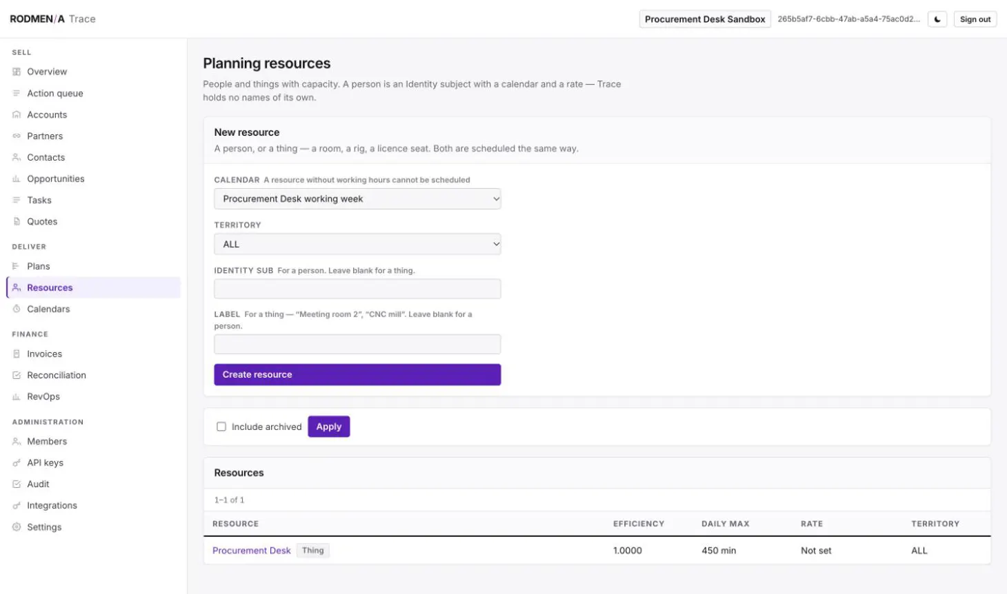 The Trace planning resources page with the form to create a person or a thing on a calendar, and the list of resources.