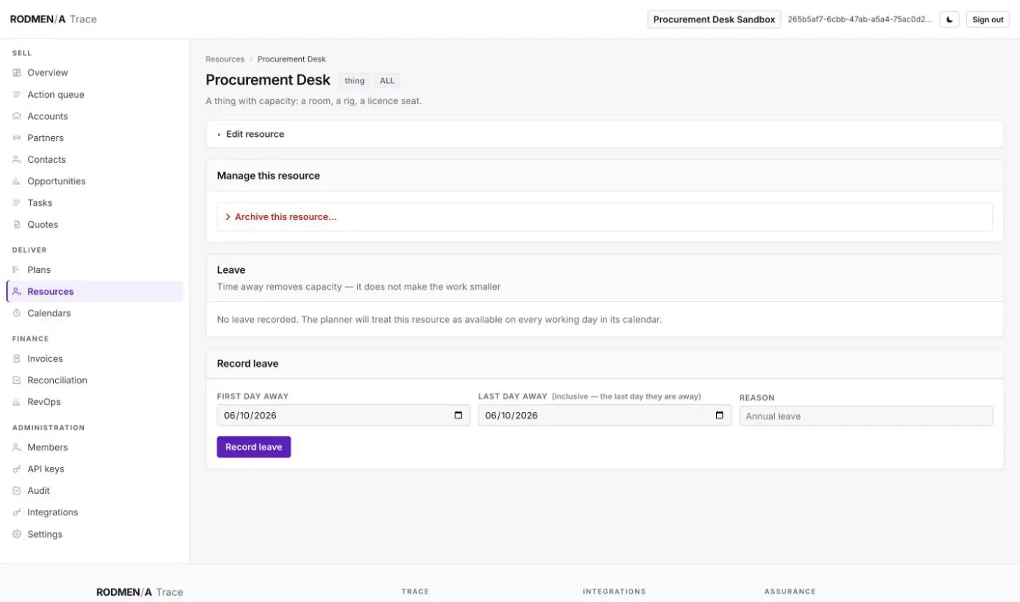 A Trace resource page with recorded leave and the form to record time away.